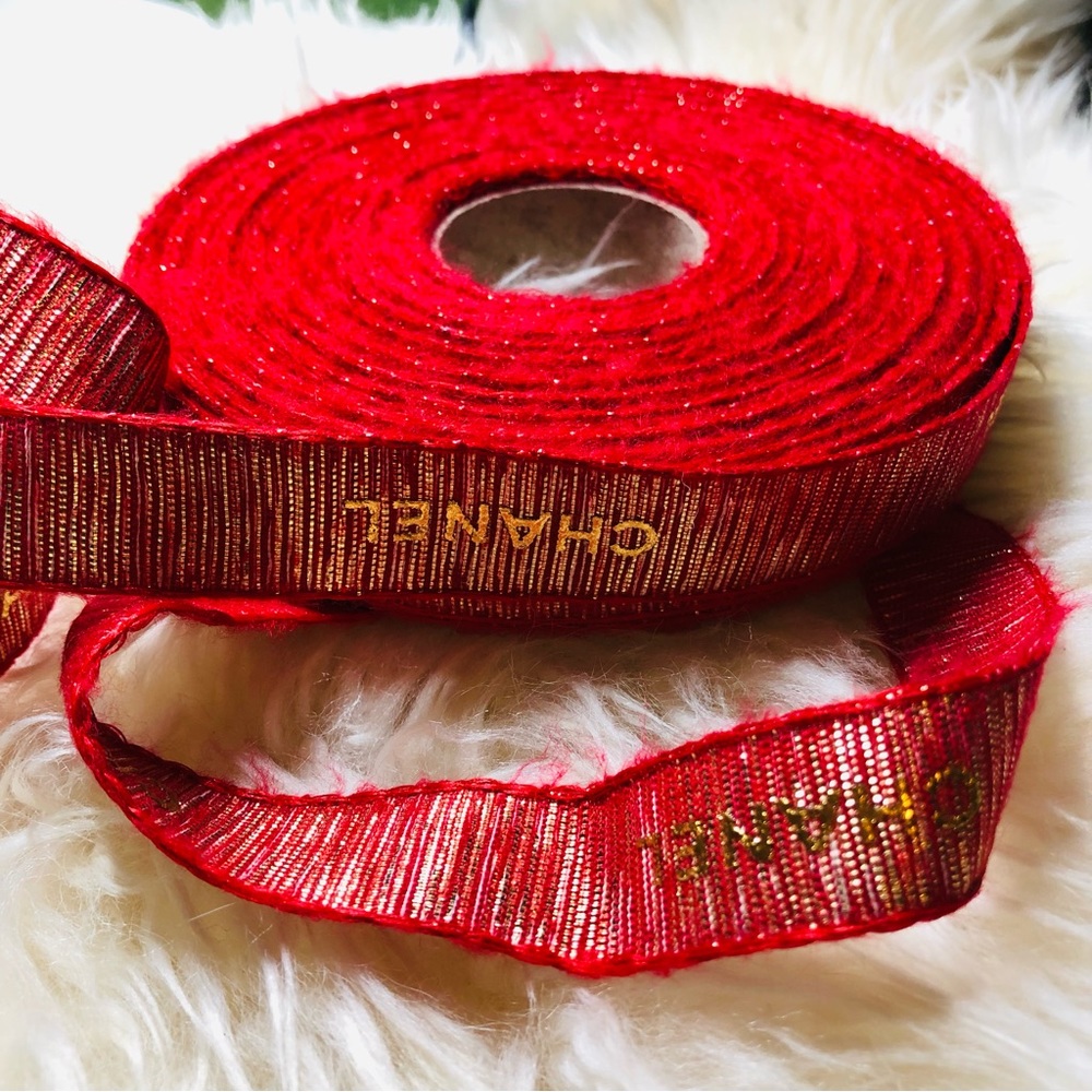 15 yards CHANEL Red Glittered & Metallic Gold Lettering Ribbon